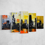 Chicago Skyline Abstract Acrylic Painting V2, 5 Panels Mixed Large Canvas, Canvas Prints Wall Art Decor