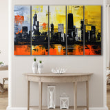 Chicago Skyline Abstract Acrylic Painting V2, 5 Panels Extra Large Canvas, Canvas Prints Wall Art Decor