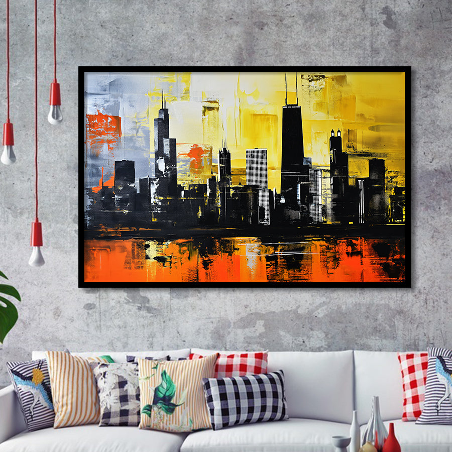 Chicago Skyline Abstract Acrylic Painting V2, Framed Art Print Wall Decor, Framed Picture