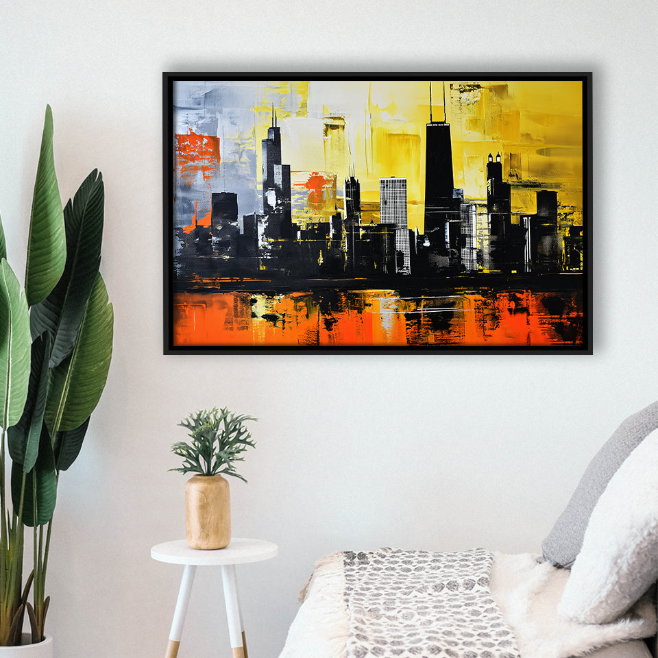 Chicago Skyline Abstract Acrylic Painting V2, Framed Canvas Painting, Framed Canvas Prints Wall Art Decor