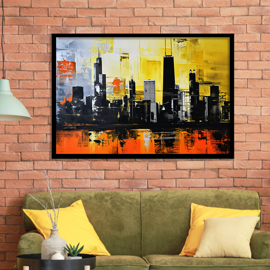 Chicago Skyline Abstract Acrylic Painting V2, Framed Art Print Wall Decor, Framed Picture