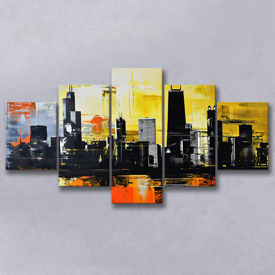 Chicago Skyline Abstract Acrylic Painting V2, 5 Panels Mixed Large Canvas, Canvas Prints Wall Art Decor