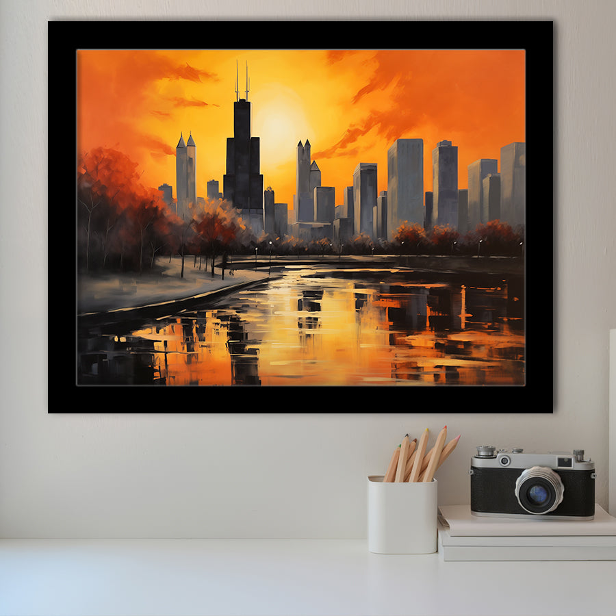 Chicago Skyline Acrylic Painting Black Yellow Orange V4, Framed Art Print Wall Decor, Framed Picture