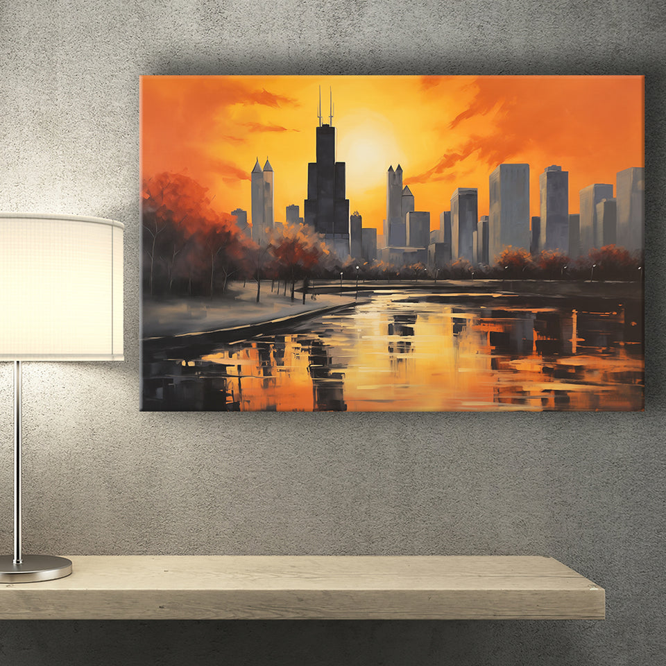 Chicago Skyline Acrylic Painting Black Yellow Orange V4, Canvas Painting, Canvas Prints Wall Art Decor