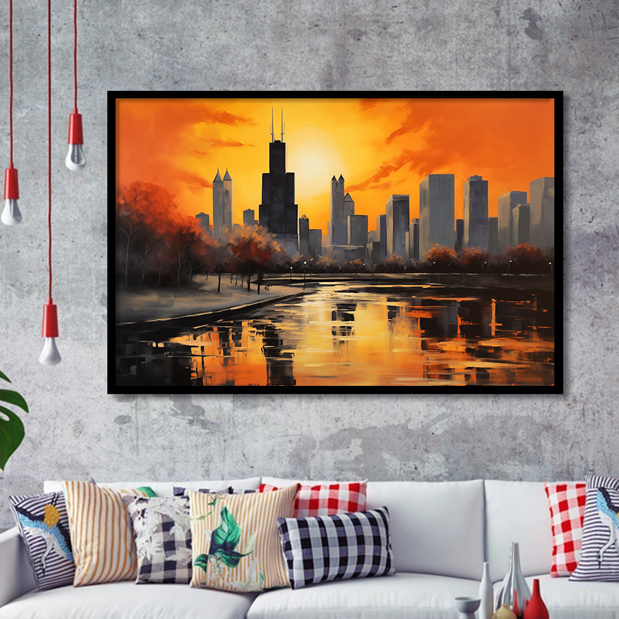 Chicago Skyline Acrylic Painting Black Yellow Orange V4, Framed Art Print Wall Decor, Framed Picture