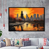 Chicago Skyline Acrylic Painting Black Yellow Orange V4, Framed Art Print Wall Decor, Framed Picture