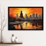 Chicago Skyline Acrylic Painting Black Yellow Orange V4, Framed Canvas Painting, Framed Canvas Prints Wall Art Decor