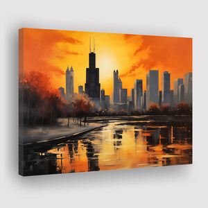 Chicago Skyline Acrylic Painting Black Yellow Orange V4, Canvas Painting, Canvas Prints Wall Art Decor