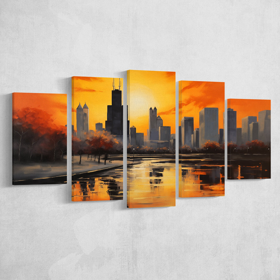 Chicago Skyline Acrylic Painting Black Yellow Orange V4, 5 Panels Mixed Large Canvas, Canvas Prints Wall Art Decor