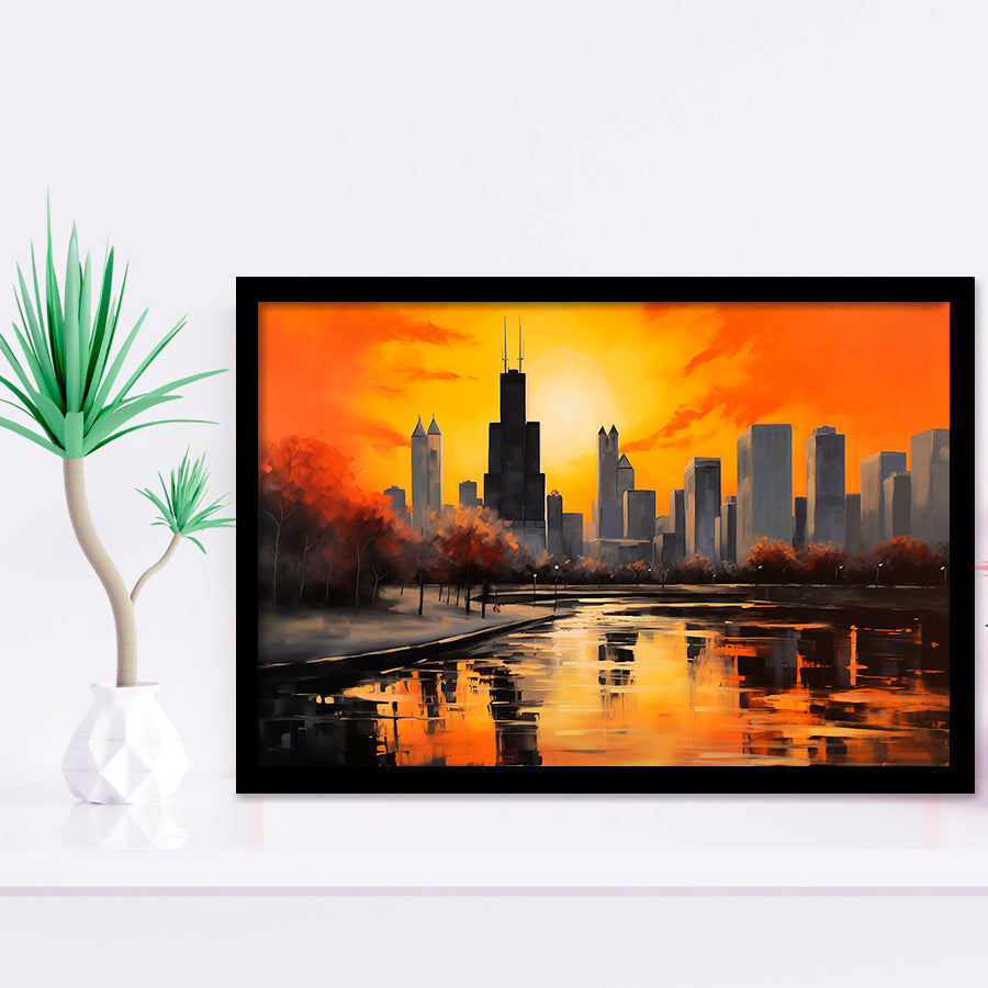 Chicago Skyline Acrylic Painting Black Yellow Orange V4, Framed Art Print Wall Decor, Framed Picture