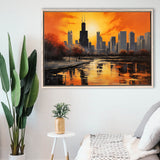 Chicago Skyline Acrylic Painting Black Yellow Orange V4, Framed Canvas Painting, Framed Canvas Prints Wall Art Decor