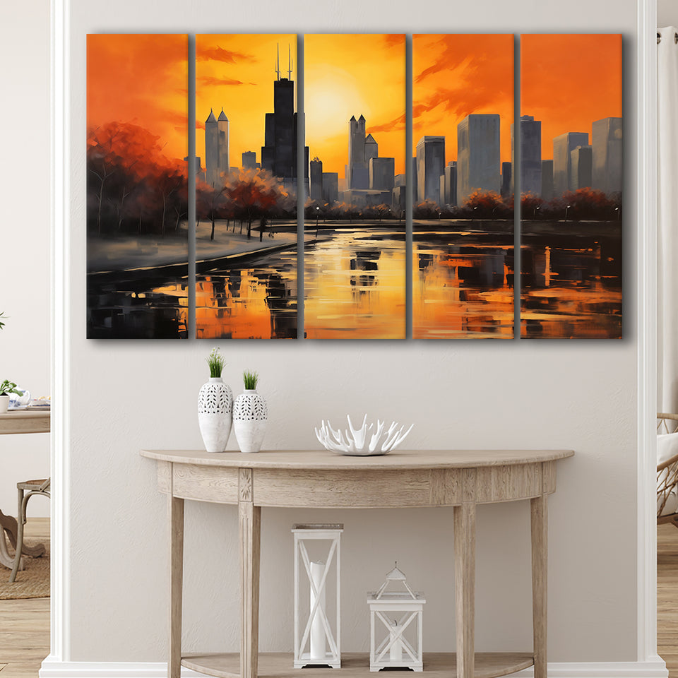 Chicago Skyline Acrylic Painting Black Yellow Orange V4, 5 Panels Extra Large Canvas, Canvas Prints Wall Art Decor