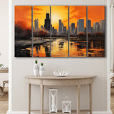 Chicago Skyline Acrylic Painting Black Yellow Orange V4, 5 Panels Extra Large Canvas, Canvas Prints Wall Art Decor