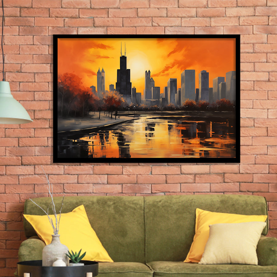 Chicago Skyline Acrylic Painting Black Yellow Orange V4, Framed Art Print Wall Decor, Framed Picture