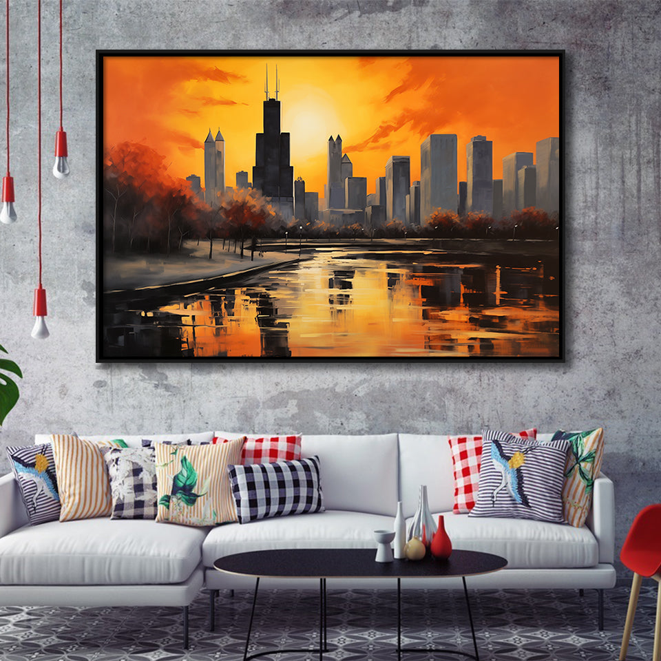 Chicago Skyline Acrylic Painting Black Yellow Orange V4, Framed Canvas Painting, Framed Canvas Prints Wall Art Decor