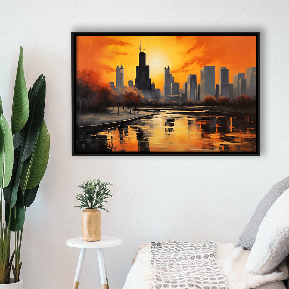 Chicago Skyline Acrylic Painting Black Yellow Orange V4, Framed Canvas Painting, Framed Canvas Prints Wall Art Decor