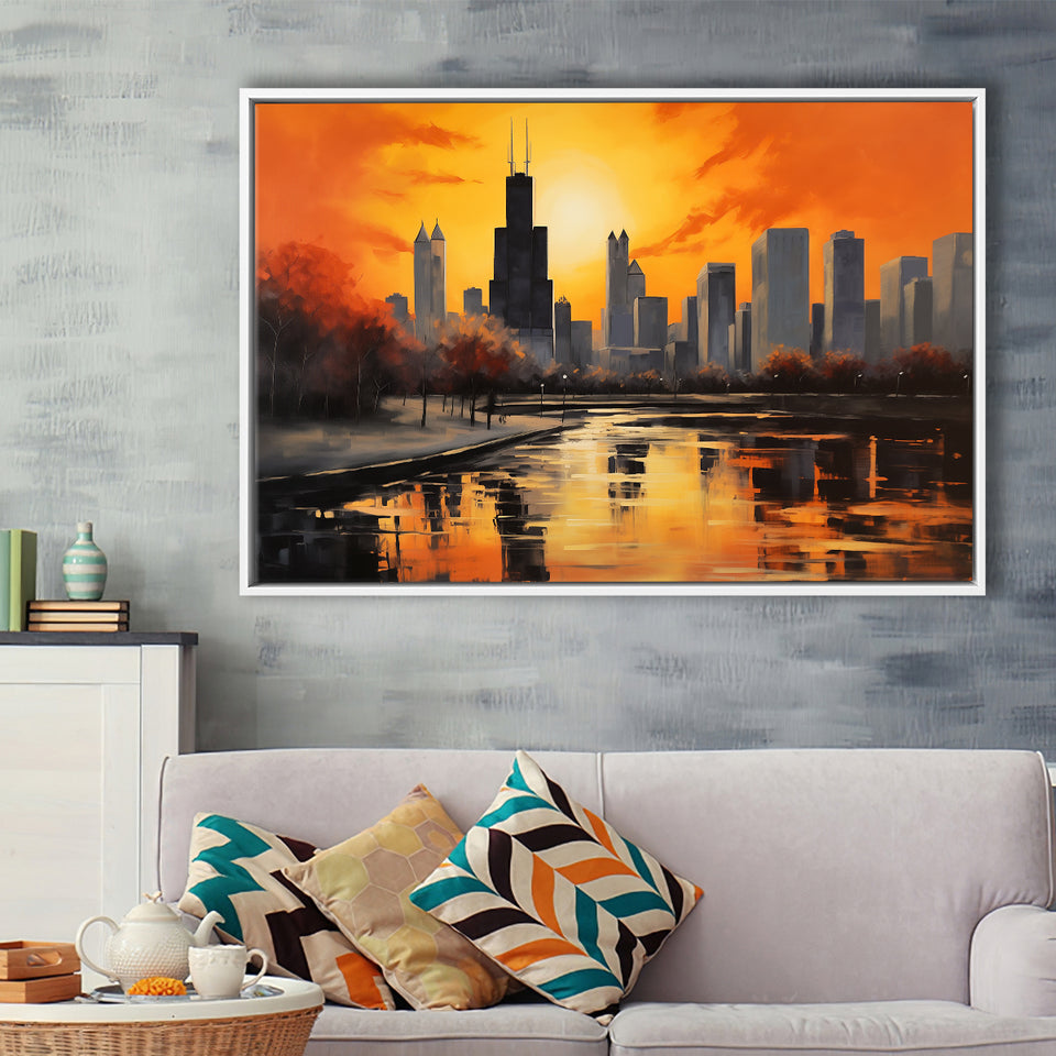 Chicago Skyline Acrylic Painting Black Yellow Orange V4, Framed Canvas Painting, Framed Canvas Prints Wall Art Decor