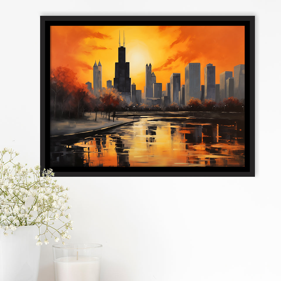 Chicago Skyline Acrylic Painting Black Yellow Orange V4, Framed Canvas Painting, Framed Canvas Prints Wall Art Decor