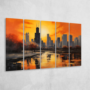 Chicago Skyline Acrylic Painting Black Yellow Orange V4, 5 Panels Extra Large Canvas, Canvas Prints Wall Art Decor