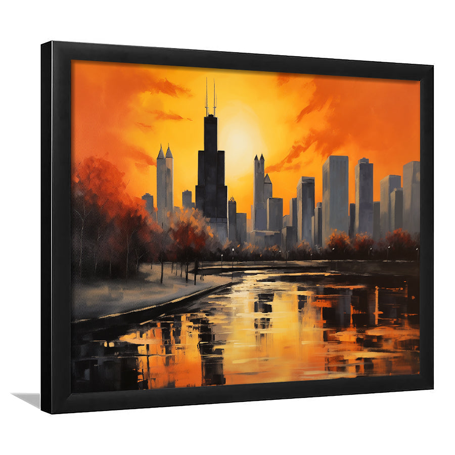 Chicago Skyline Acrylic Painting Black Yellow Orange V4, Framed Art Print Wall Decor, Framed Picture