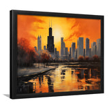 Chicago Skyline Acrylic Painting Black Yellow Orange V4, Framed Art Print Wall Decor, Framed Picture