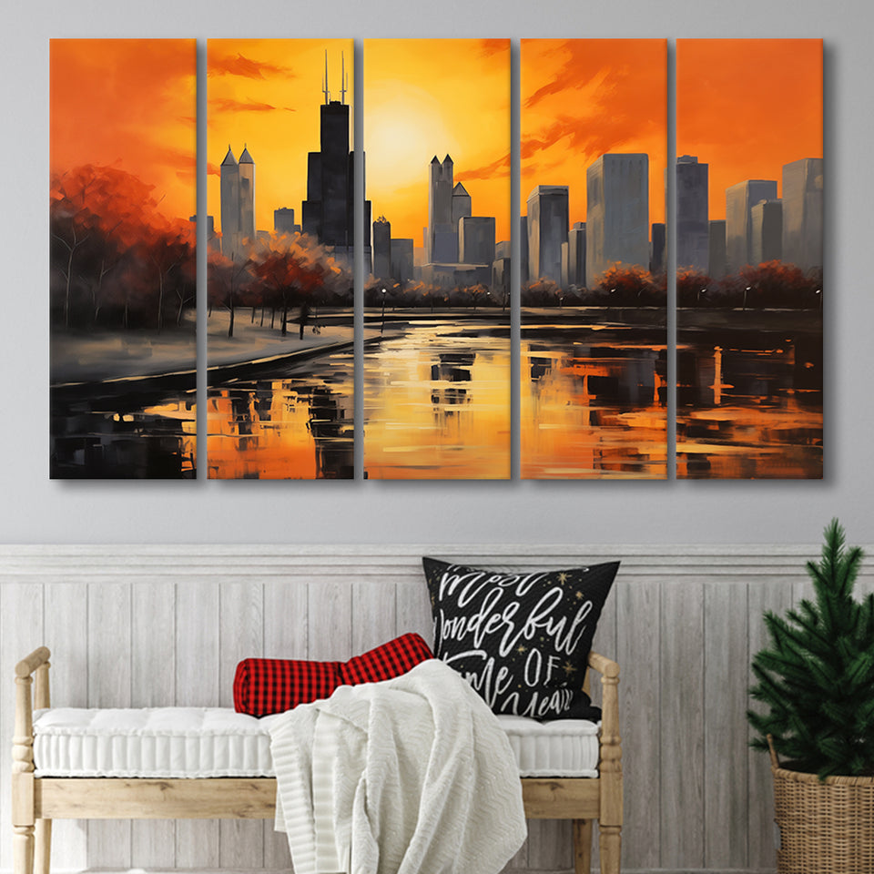 Chicago Skyline Acrylic Painting Black Yellow Orange V4, 5 Panels Extra Large Canvas, Canvas Prints Wall Art Decor