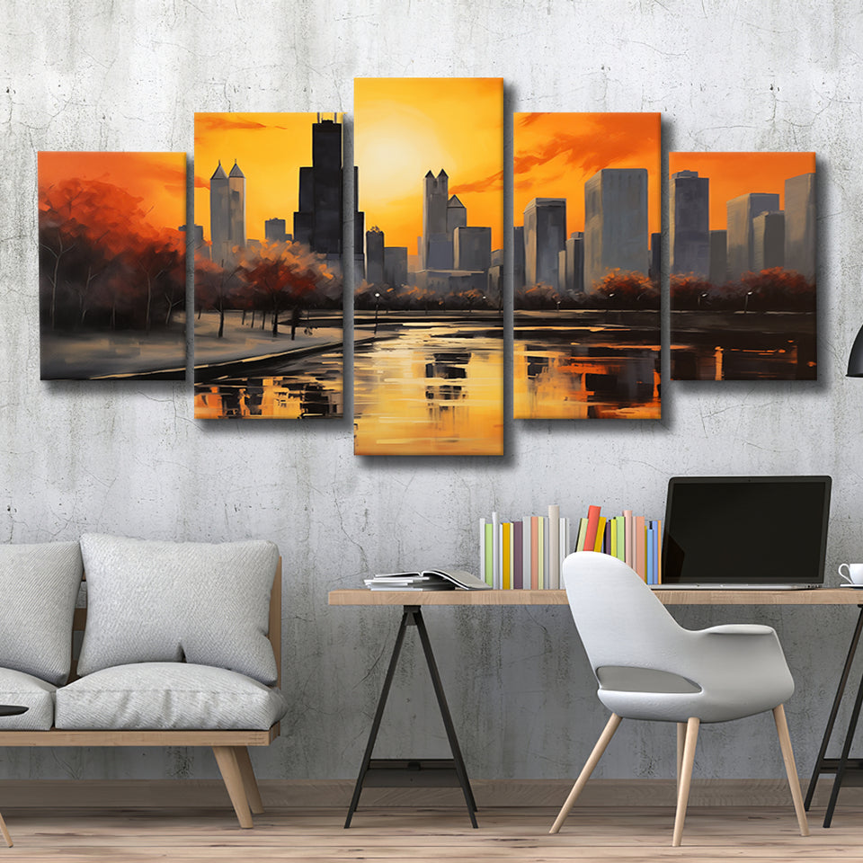 Chicago Skyline Acrylic Painting Black Yellow Orange V4, 5 Panels Mixed Large Canvas, Canvas Prints Wall Art Decor