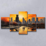 Chicago Skyline Acrylic Painting Black Yellow Orange V4, 5 Panels Mixed Large Canvas, Canvas Prints Wall Art Decor