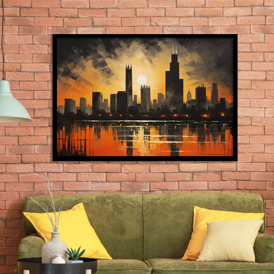 Chicago Skyline Acrylic Painting In Sunset, Framed Art Print Wall Decor, Framed Picture