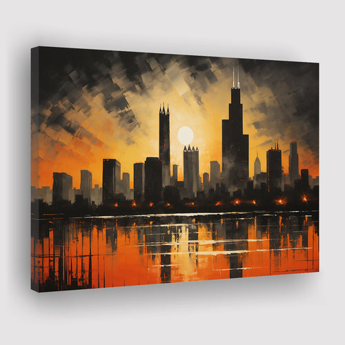 Chicago Skyline Acrylic Painting In Sunset, Canvas Painting, Canvas Prints Wall Art Decor