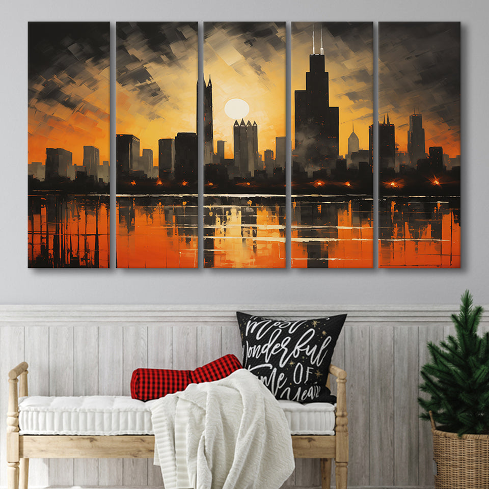 Chicago Skyline Acrylic Painting In Sunset, 5 Panels Extra Large Canvas, Canvas Prints Wall Art Decor