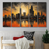 Chicago Skyline Acrylic Painting In Sunset, 5 Panels Extra Large Canvas, Canvas Prints Wall Art Decor