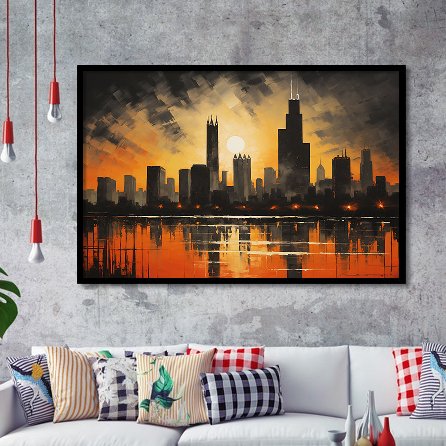 Chicago Skyline Acrylic Painting In Sunset, Framed Art Print Wall Decor, Framed Picture