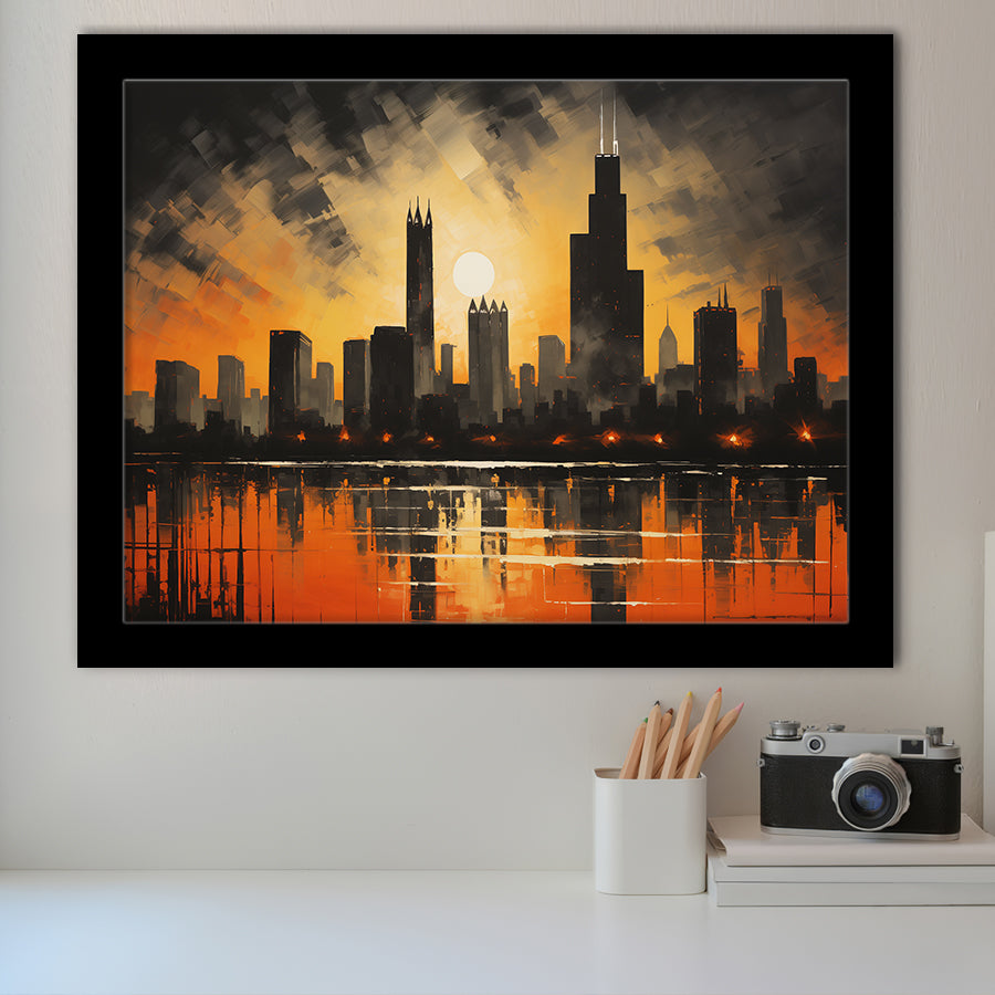 Chicago Skyline Acrylic Painting In Sunset, Framed Art Print Wall Decor, Framed Picture