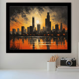 Chicago Skyline Acrylic Painting In Sunset, Framed Art Print Wall Decor, Framed Picture