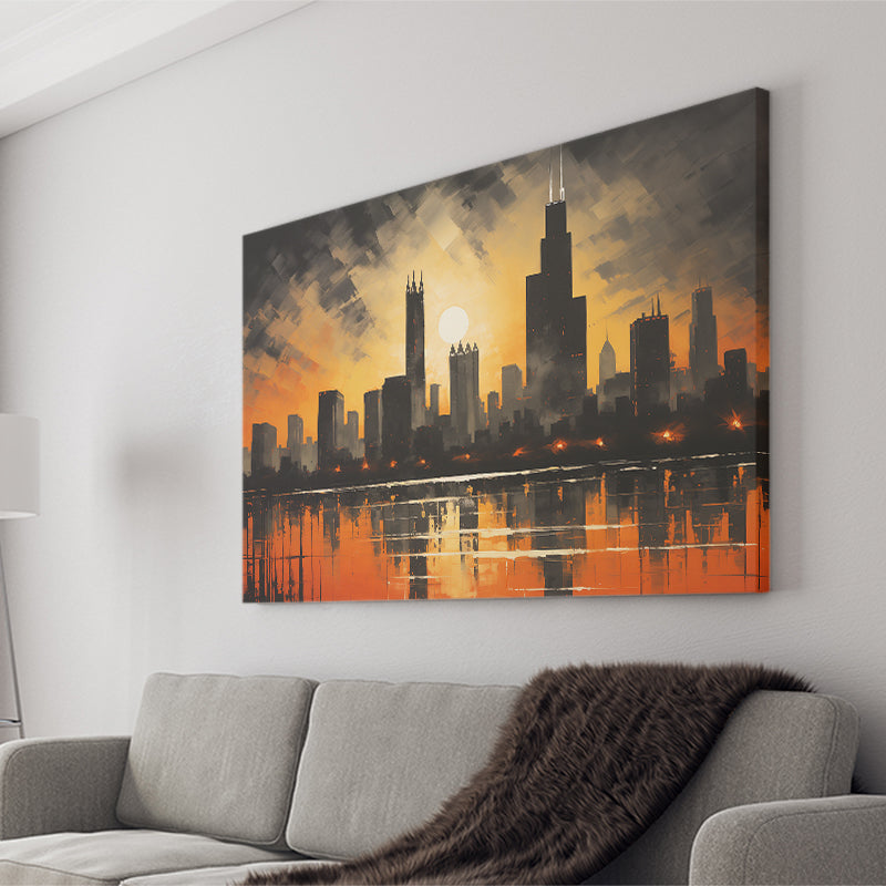 Chicago Skyline Acrylic Painting In Sunset, Canvas Painting, Canvas Prints Wall Art Decor