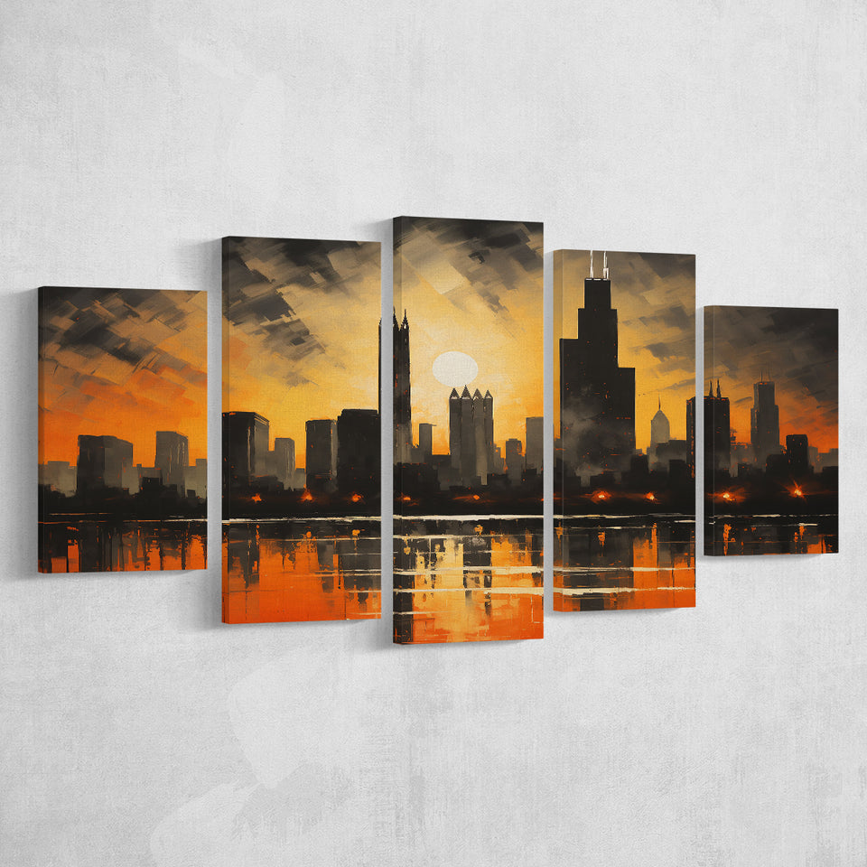Chicago Skyline Acrylic Painting In Sunset, 5 Panels Mixed Large Canvas, Canvas Prints Wall Art Decor