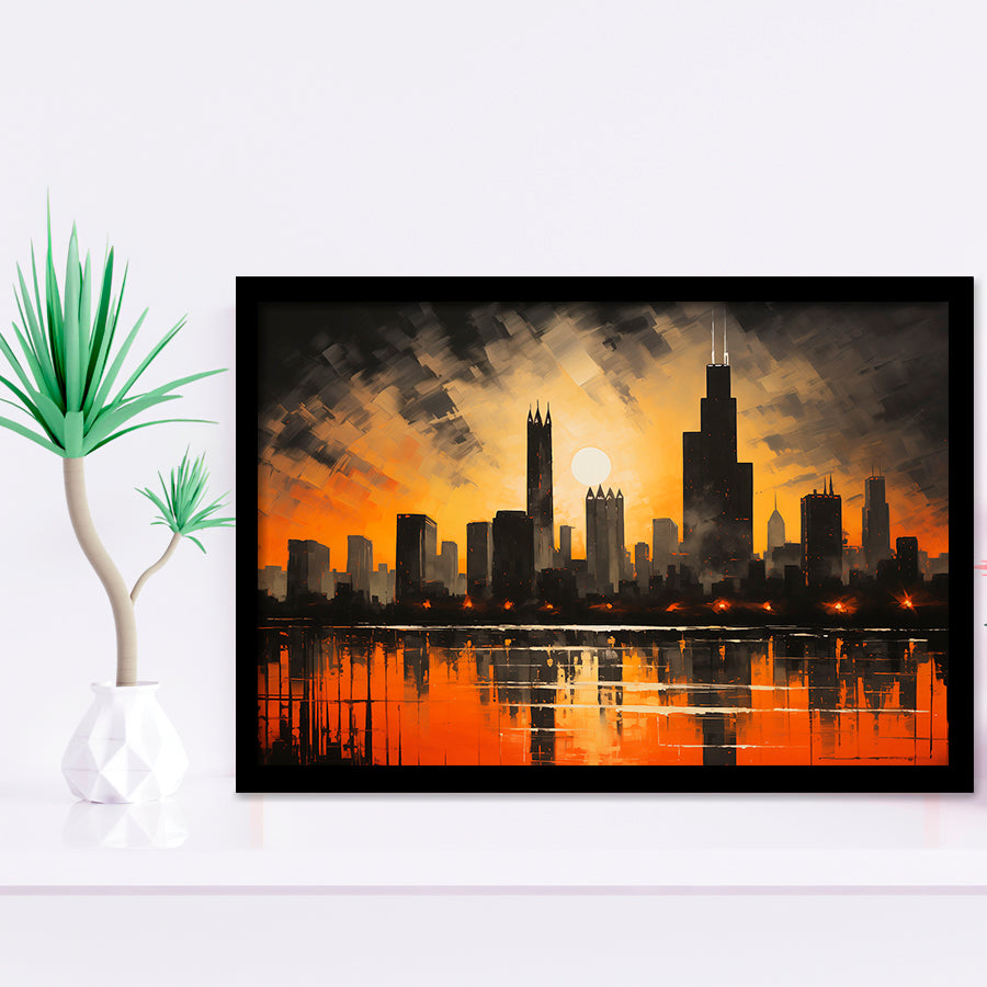 Chicago Skyline Acrylic Painting In Sunset, Framed Art Print Wall Decor, Framed Picture
