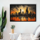 Chicago Skyline Acrylic Painting In Sunset, Framed Canvas Painting, Framed Canvas Prints Wall Art Decor