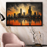 Chicago Skyline Acrylic Painting In Sunset, Framed Canvas Painting, Framed Canvas Prints Wall Art Decor