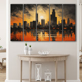 Chicago Skyline Acrylic Painting In Sunset, 5 Panels Extra Large Canvas, Canvas Prints Wall Art Decor