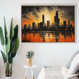 Chicago Skyline Acrylic Painting In Sunset, Framed Canvas Painting, Framed Canvas Prints Wall Art Decor