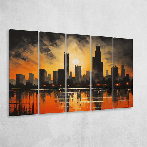 Chicago Skyline Acrylic Painting In Sunset, 5 Panels Extra Large Canvas, Canvas Prints Wall Art Decor