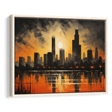 Chicago Skyline Acrylic Painting In Sunset, Framed Canvas Painting, Framed Canvas Prints Wall Art Decor