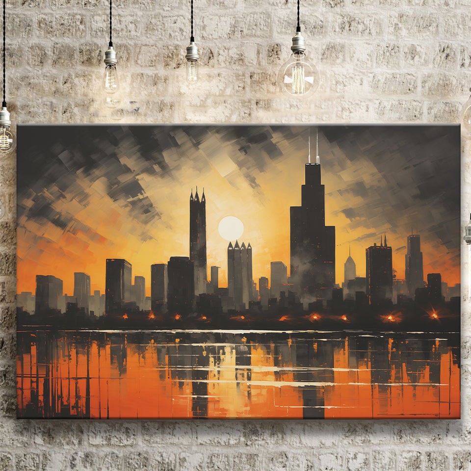 Chicago Skyline Acrylic Painting In Sunset, Canvas Painting, Canvas Prints Wall Art Decor