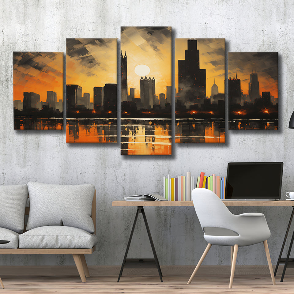 Chicago Skyline Acrylic Painting In Sunset, 5 Panels Mixed Large Canvas, Canvas Prints Wall Art Decor
