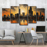 Chicago Skyline Acrylic Painting In Sunset, 5 Panels Mixed Large Canvas, Canvas Prints Wall Art Decor