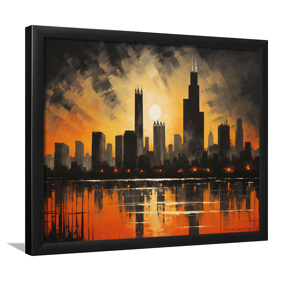 Chicago Skyline Acrylic Painting In Sunset, Framed Art Print Wall Decor, Framed Picture