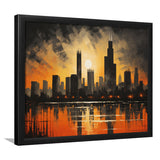 Chicago Skyline Acrylic Painting In Sunset, Framed Art Print Wall Decor, Framed Picture