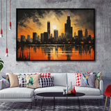 Chicago Skyline Acrylic Painting In Sunset, Framed Canvas Painting, Framed Canvas Prints Wall Art Decor